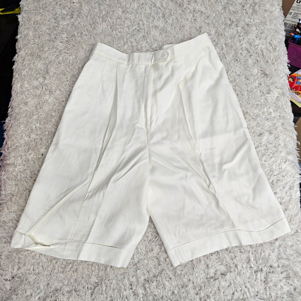 Vtg 90s Alex White Linen Pleated Shorts Women 28x10 High Waist Cuffed Coastal 10
